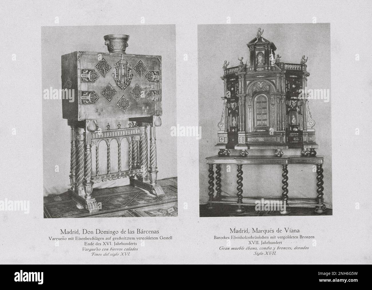 Art of Old Spain. Don Domingo de las Barcenas, Madrid. Vintage photo of Vargueno with iron fittings on a carved gilded frame. End of the XVI century (left). Marques de Viana, Madrid. Baroque ebony wood cabinet with gilded bronzes XVII century (right) Stock Photo