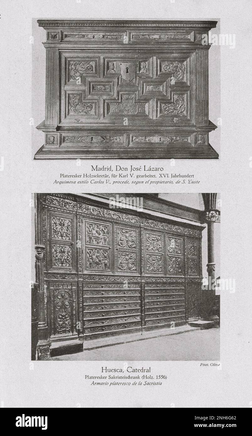 Art of Old Spain. Don Jose Lazaro, Madrid. Vintage photo of Plateresque wooden secretary, worked for Charles V. XVI century. (top) Huesca Cathedral. Plateresque sacristy cabinet (wood 1556) Stock Photo