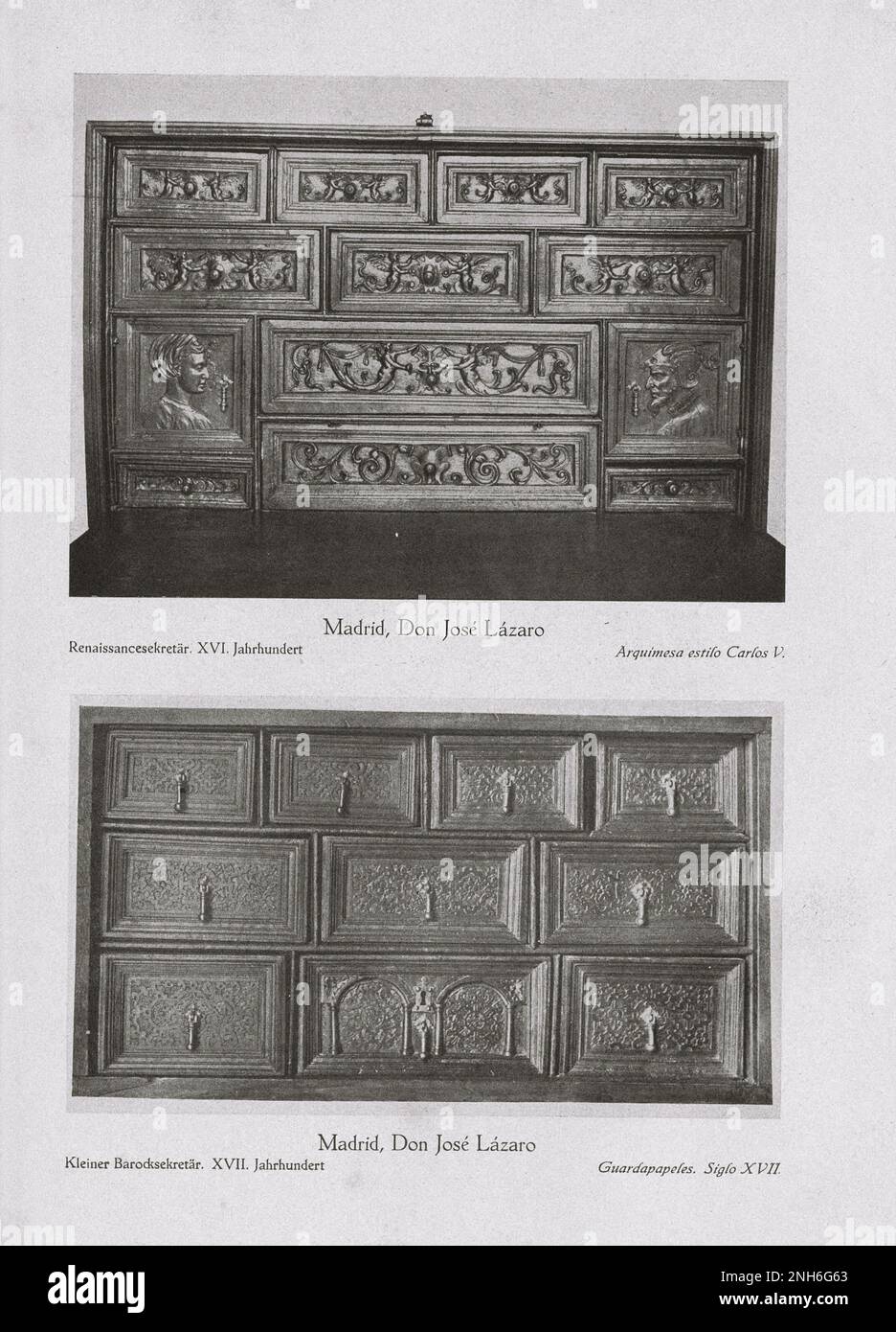 Art of Old Spain. Don Jose Lazaro, Madrid. Vintage photo of Renaissance secretaire of XVI century (top) and small Baroque secretaire of XVII century (bottom) Stock Photo