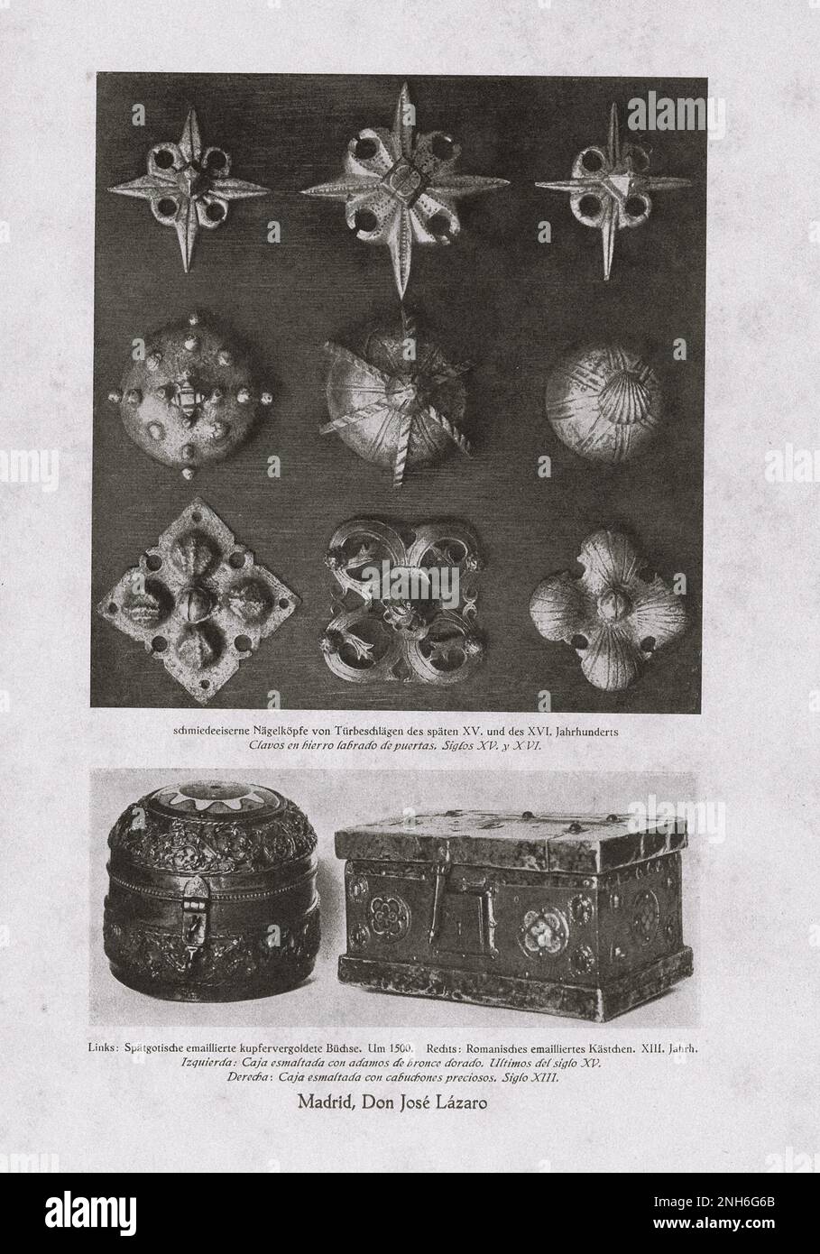 Art of Old Spain. Vintage photo of wrought iron nail heads of door fittings of the late XV and XVI centuries (top) Don Jose Lazaro, Madrid. Late Gothic enamelled copper-gilded box. Around 1500. (bottom, left). Romanesque enamelled box. XIII century (bottom, right) Stock Photo