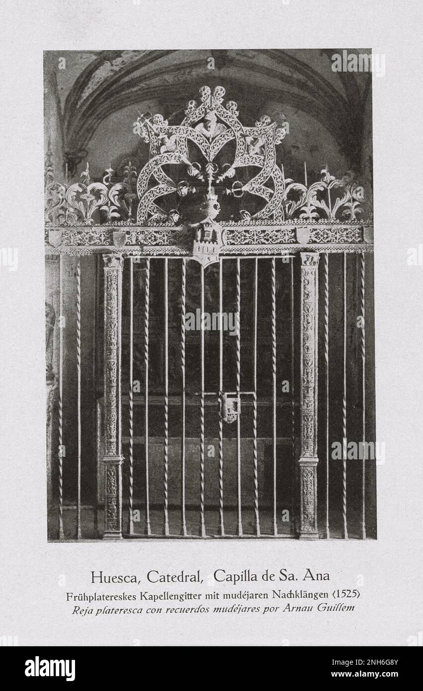 Art of Old Spain. Vintage photo of Huesca Cathedral, Capilla de Sa. Ana. Aragon Early Pateresque chapel railing in mudejar style (1525). Stock Photo