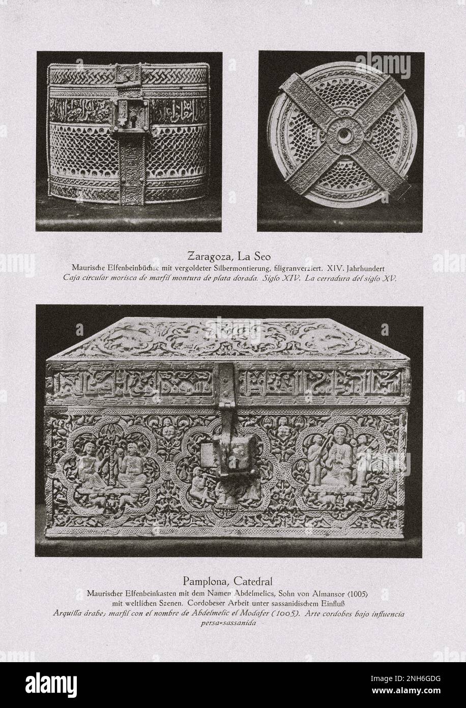 Art of Old Spain. La Seo, Zaragoza (Cathedral of the Savior of Zaragoza). Vintage photo of Moorish ivory box with gold-plated silver mount, filigree decorated. XIV century (top, left and right). Pamplona Cathedral. Moorish ivory box with the name of Abdelmelics, son of Almansor (1005) with secular scenes. Cordobese work under Sassanid influence. (bottom) Stock Photo