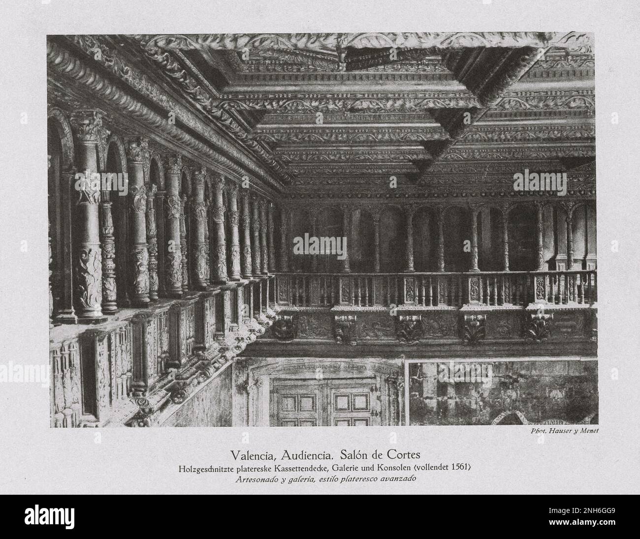 Architecture of Old Spain. Vintage photo of Audiencia de Valenci (Real Audiencia de Valencia ), Salon de Cortes. Valencia Coffered ceiling and gallery, advanced pateresque style Stock Photo
