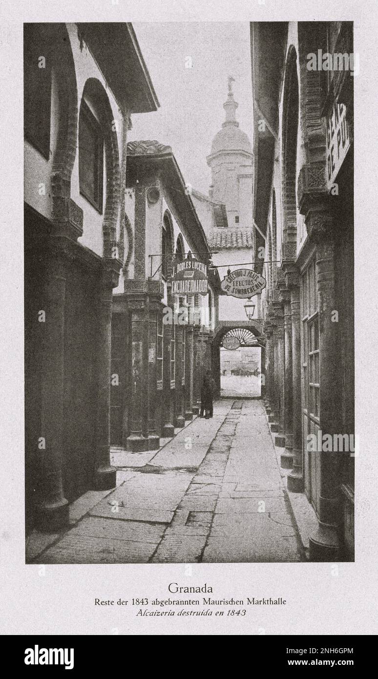 Architecture of Old Spain. Vintage photo of remains of the Moorish Market Hall burned down in 1843. Granada, Spain Stock Photo