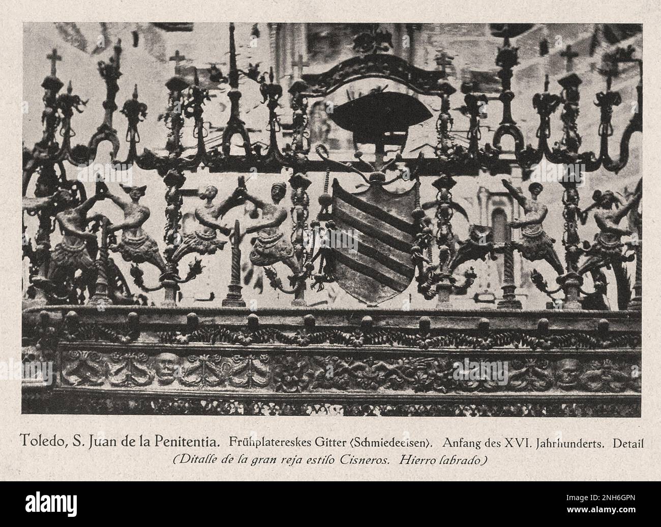Architecture of Old Spain. Early Plateresque lattice (wrought iron). Beginning of the XVI century. Detail of lattice (Cisneros style). Toledo, S. Juan de la Penitentia. Stock Photo