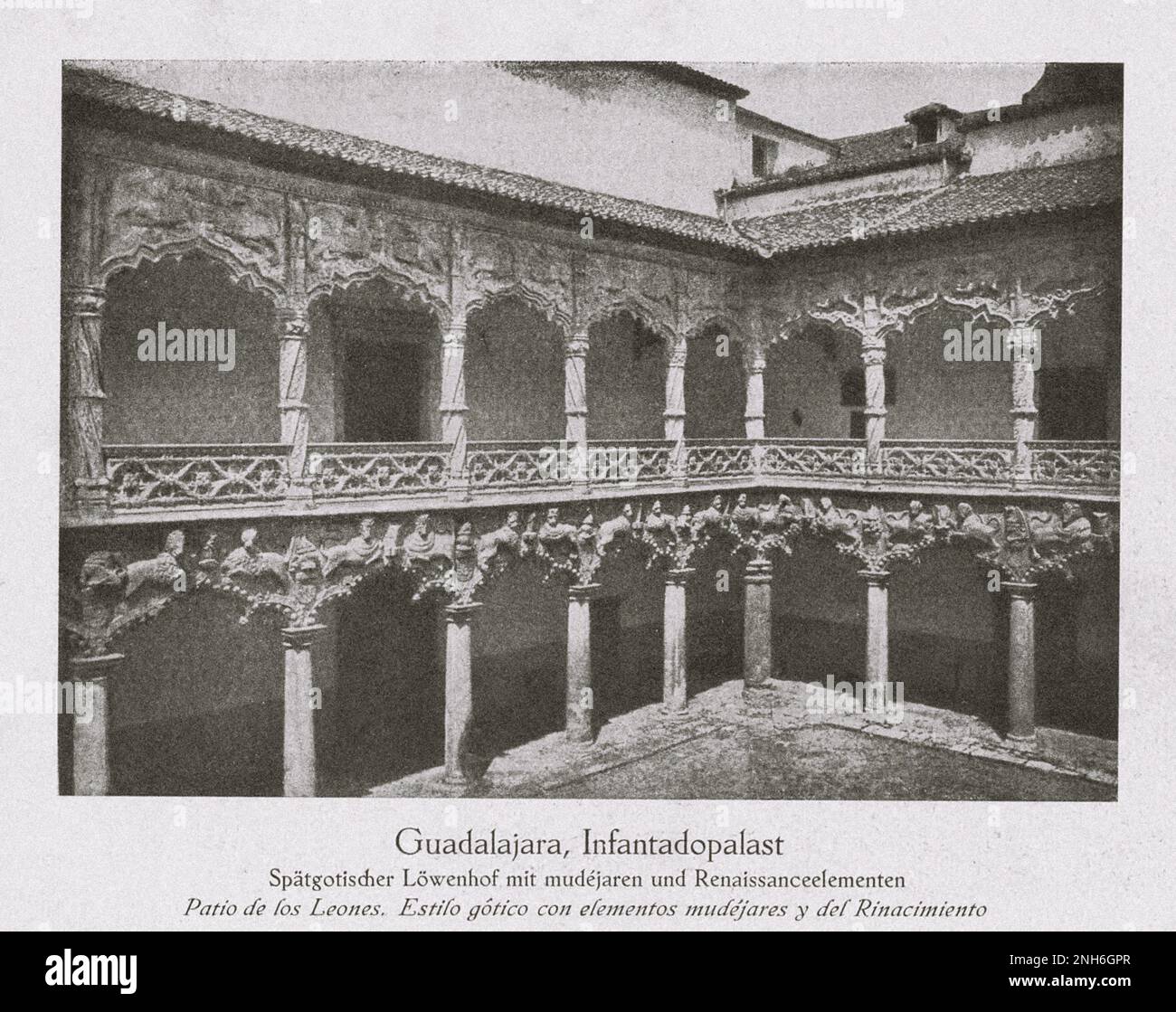Architecture of Old Spain. Vintage photo of Palace of El Infantado (Spanish: Palacio del Infantado), Guadalajara. Courtyard of the Lions. Gothic style with Mudejar and Renaissance elements Stock Photo