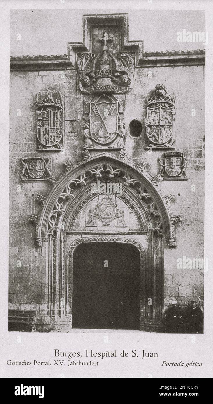 Architecture of Old Spain. Vintage photo of Hospital de San Juan in Burgos Gothic Portal. XV century Stock Photo