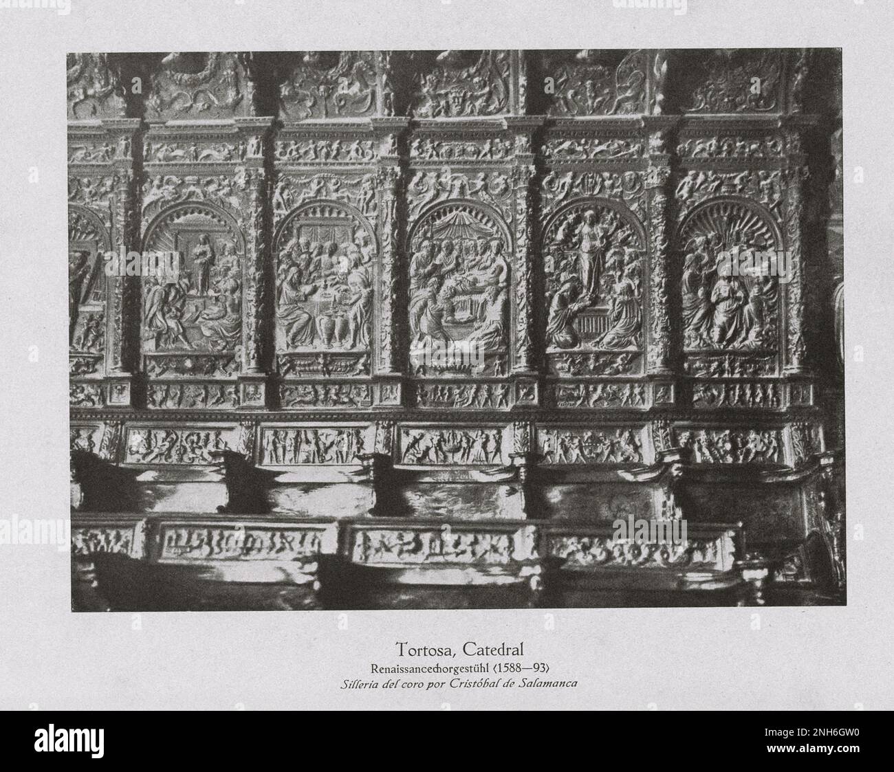 Architecture of Old Spain. Vintage photo of Tortosa Cathedral (Catedral of Saint Mary of Tortosa), Catalonia, Spain Choir stalls by Cristobal de Salamanca Stock Photo