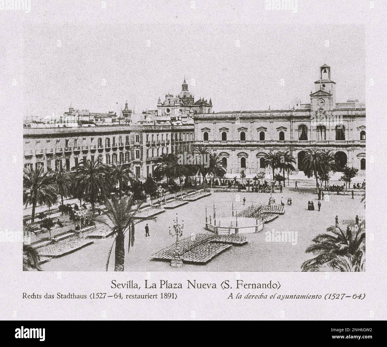 Architecture of Old Spain. La Plaza Nueva (formerly part of the San Fernando convent from 1270-1840), Seville. On the right the town house (1527-1564, restored in 1891) Stock Photo