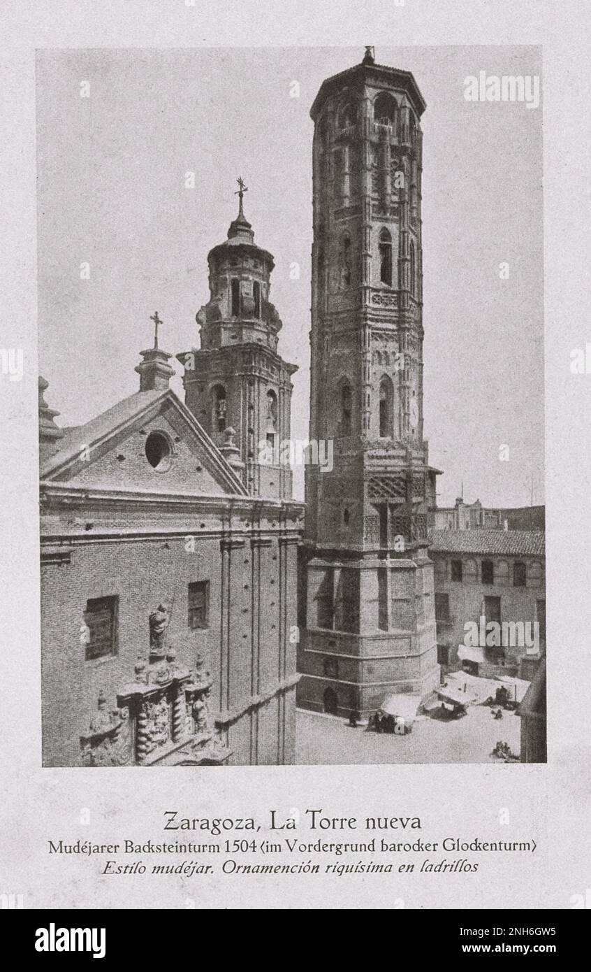 Architecture of Old Spain. Vintage photo of Leaning Tower of Zaragoza (La Torre nueva). A Mudéjar leaning tower located in current Plaza de San Felipe, in Zaragoza (in Aragon, Spain) Stock Photo