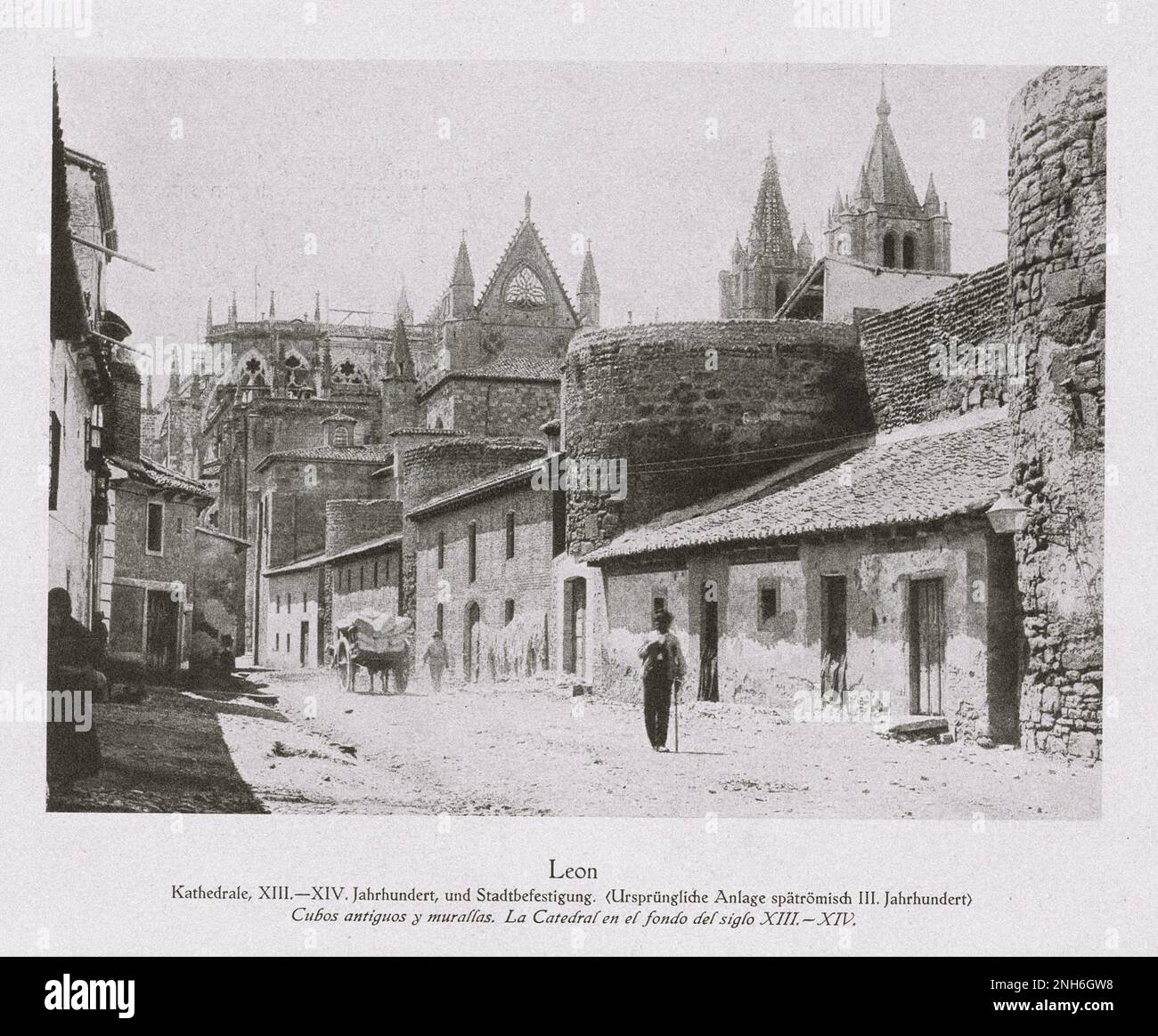 Architecture of Old Spain. Vintage photo of León Cathedral of XIII - XIV centuries, and city fortification. (Original site of a late Roman building of the 3nd century) Stock Photo