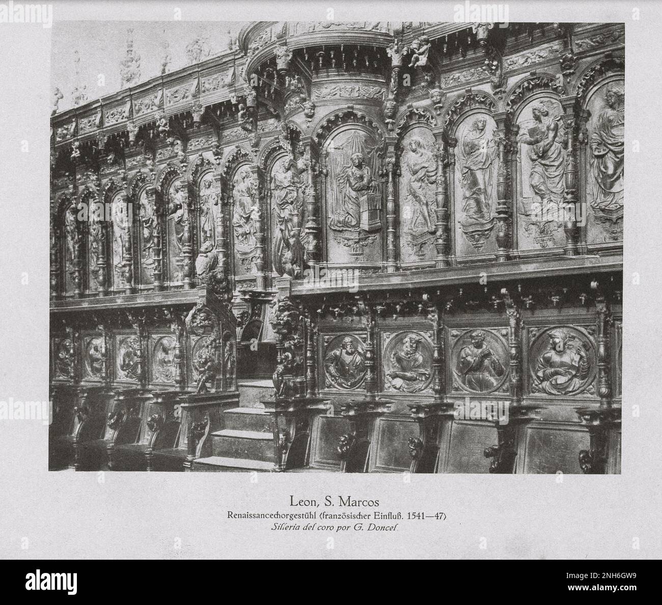 Architecture of Old Spain. Vintage photo of Convento de San Marcos in Leon. Choir stalls by G. Doncel Stock Photo
