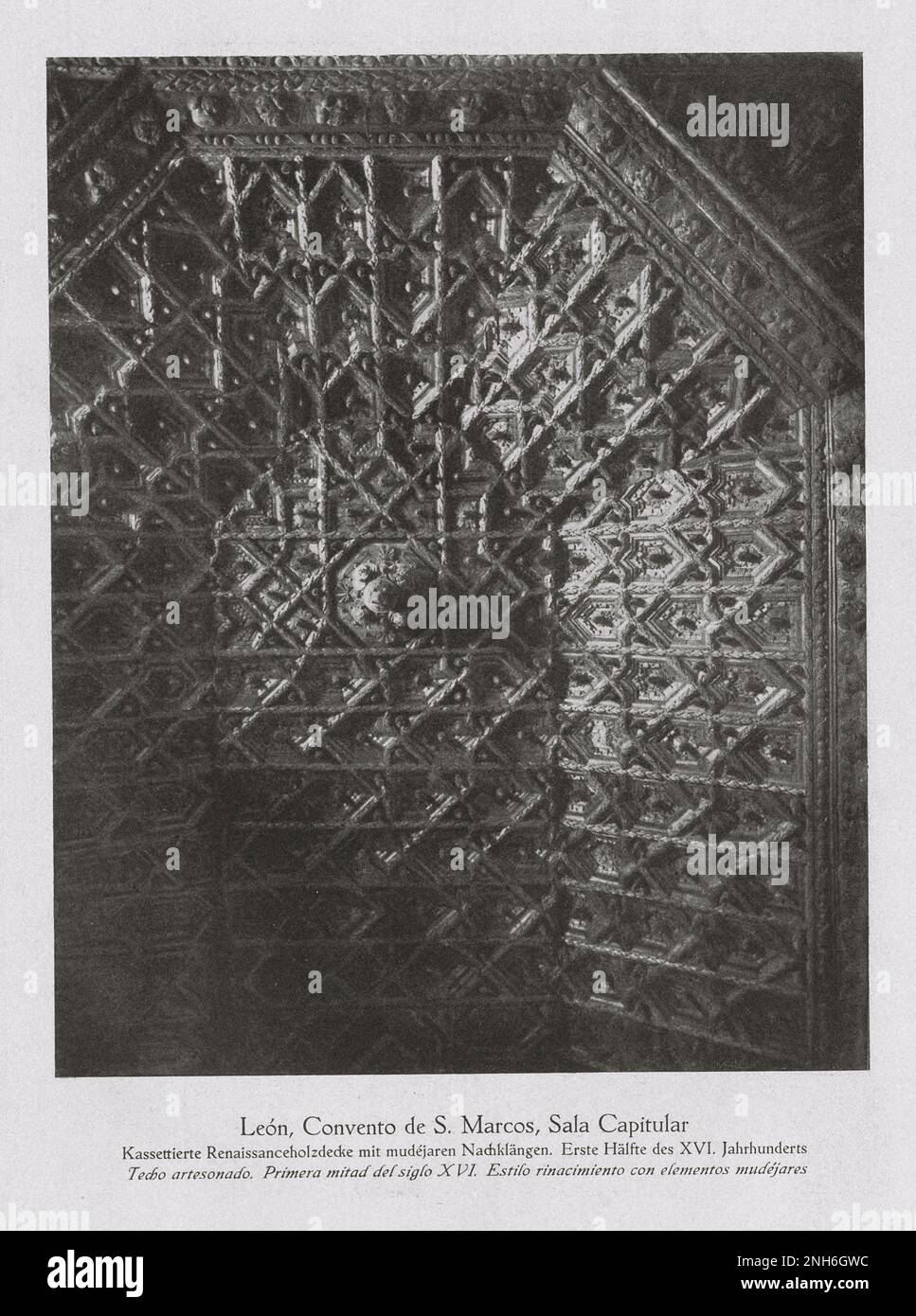 Architecture of Old Spain. Vintage photo of Convento de San Marcos, Sala Capitular in Leon Coffered ceiling. First half of the 16th century. Renaissance style with Mudejar elements Stock Photo