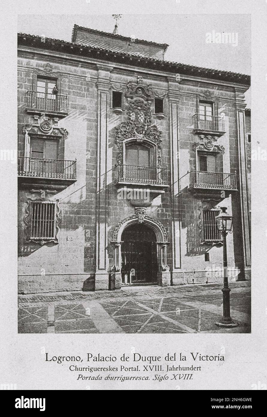 Architecture of Old Spain. Vintage photo of Palacio de Duque del la Victoria, Logrono. La Rioja Churrigueresque portal. XVIII century Stock Photo