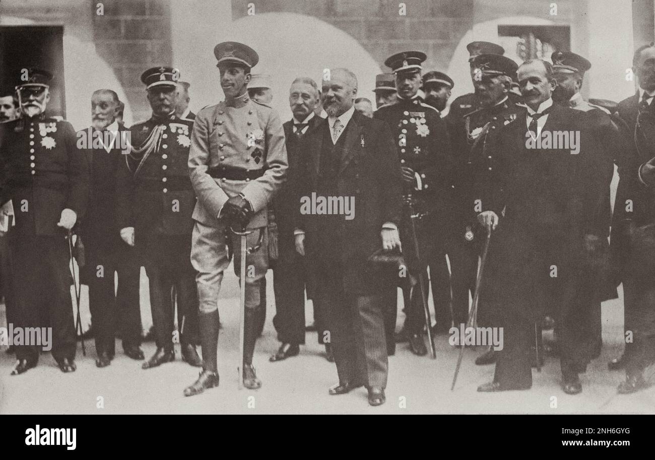 King Alfonse of Spain (Alfonso XIII) and Raymond Poincare, the Prime Minister of France. Madrid, Spain. October 1913 Stock Photo