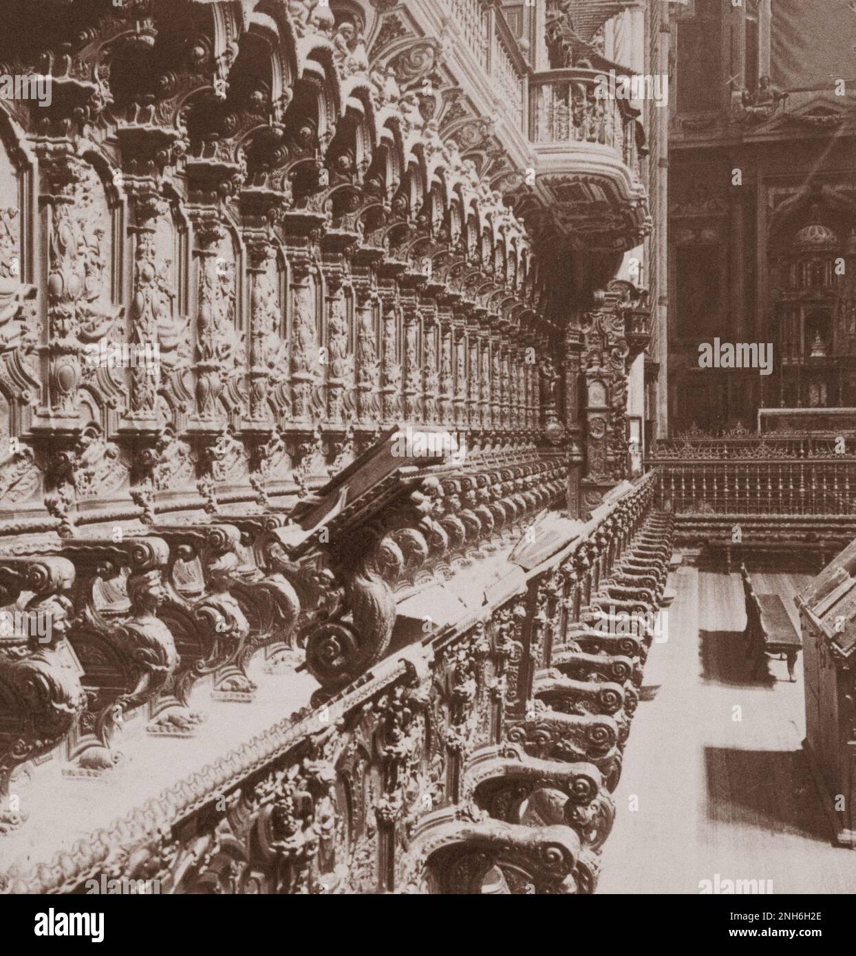 The baroque-carved bishop's seat and choir of the Mosque–Cathedral of Córdoba (Mezquita). Cordova, Spain. 1902 Stock Photo
