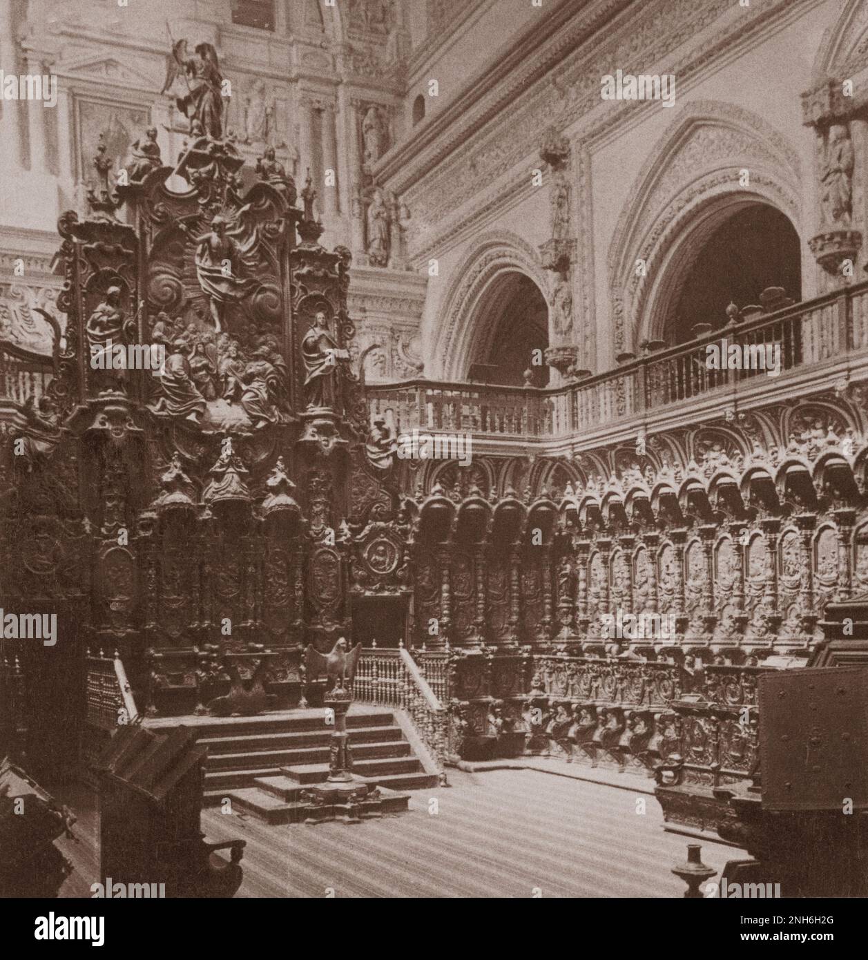 Architecture of Old Spain. The baroque-carved bishop's seat and choir of the cathedral-mosque, Cordoba, Spain. 1902 Stock Photo