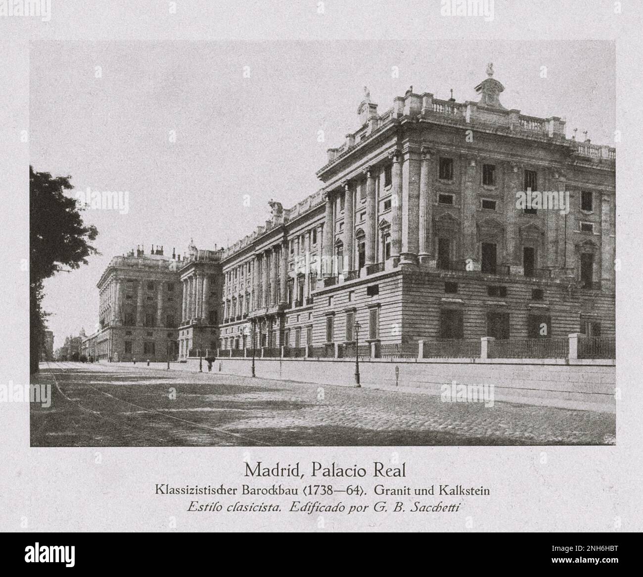 Old Spain. Vintage photo of Royal Palace of Madrid (Palacio Real de Madrid). Classicist Baroque building (1738-1764). Granite and limestone. The official residence of the Spanish royal family at the city of Madrid, although now used only for state ceremonies. Stock Photo