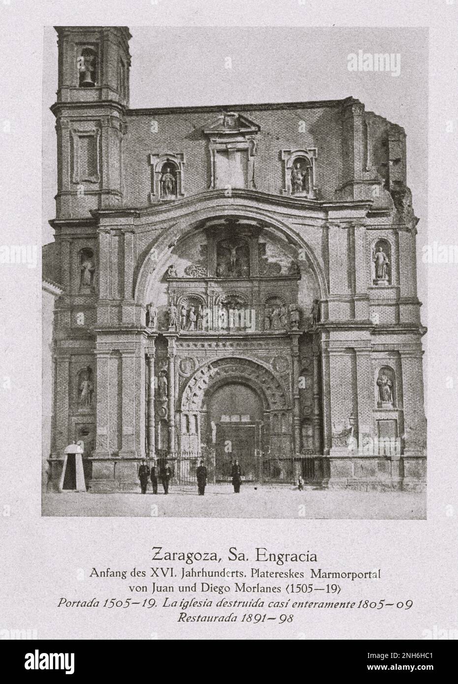 Architecture of Old Spain. Vintage photo of Church of Santa Engracia de Zaragoza. Early 16th century. The Church of Santa Engracia de Zaragoza is a basilica church in Zaragoza, Spain. It was built on the spot where Saint Engratia and her companions were said to have been martyred in 303 AD. The Basilica of Santa Engracia is located at Plaza de Santa Engracia. Stock Photo