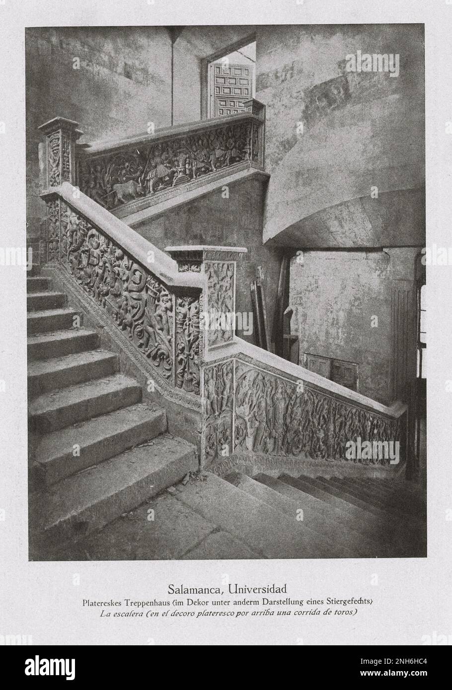 Architecture of Old Spain. Vintage photo of University of Salamanca (Universidad de Salamanca). Plateresque staircase (in the decor, among other things, depicting a bullfight). Stock Photo