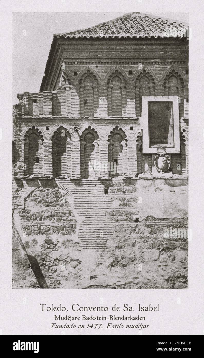 Architecture of Old Spain. Vintage photo of convent of Santa Isabel de los Reyes, Toledo. Mudejare brick blindsarkaden (1477) Stock Photo