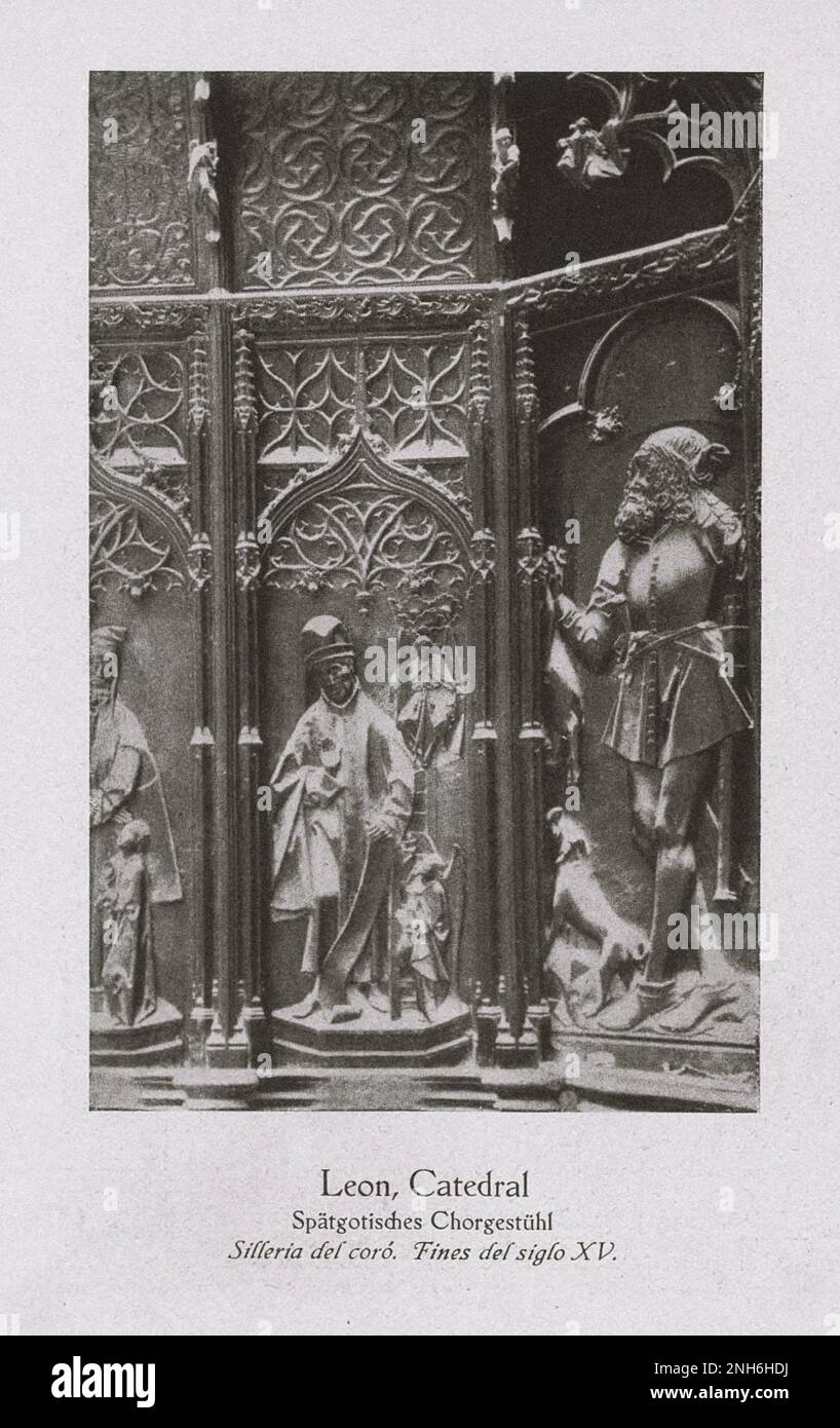 Architecture of Old Spain. Vintage photo of Leon Cathedral (Santa María de Regla de León Cathedral).  Choir stalls. The end of the 15th century. Stock Photo
