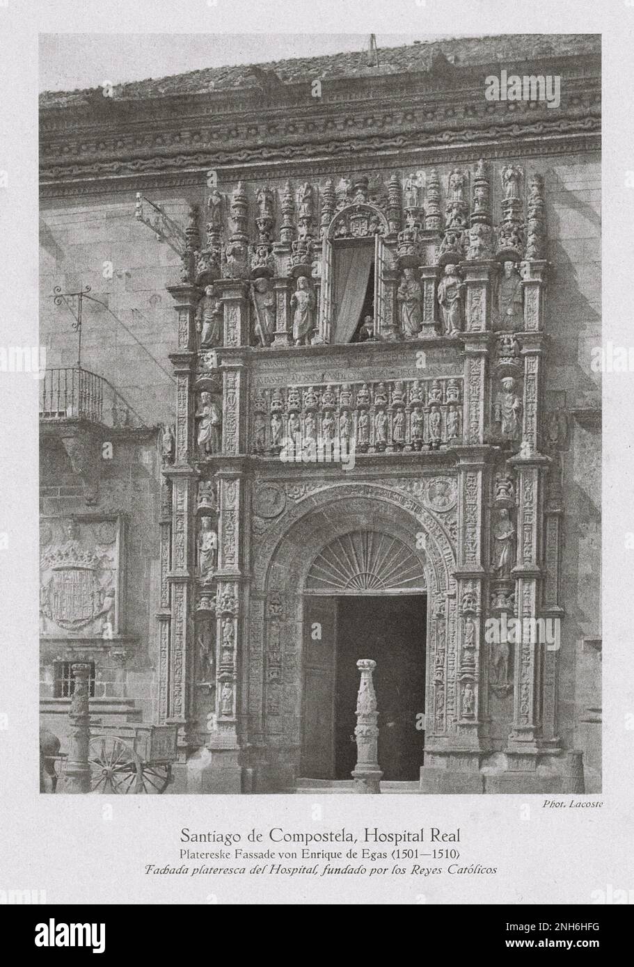 Architecture of Old Spain. Vintage photo of Hostal dos Reis Católicos (Hospital Real) in Santiago de Compostela. Galicia, Spain. The Hostal dos Reis Católicos (in Galician), also called the Hostal de Los Reyes Católicos (in Spanish) or Parador de Santiago de Compostela, is a five-star Parador hotel, located in the Praza do Obradoiro of Santiago de Compostela, Spain. It is widely considered one of the oldest continuously operating hotel in the world, and has also been called the 'most beautiful hotel in Europe'. Stock Photo