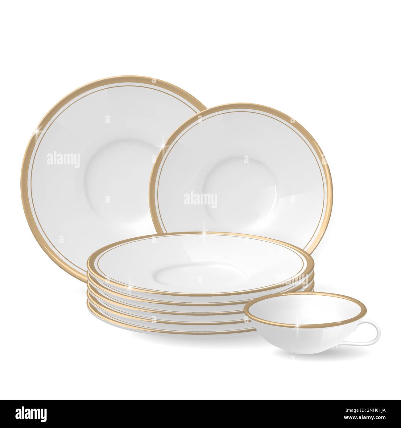 Composition of white plates and cup with gold rims of different sizes on a white background realistic vector illustration Stock Vector