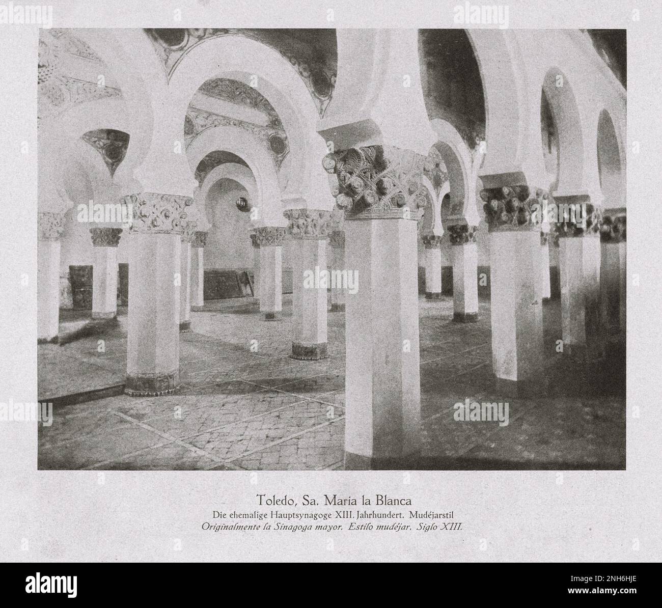 Architecture of Old Spain. Vintage photo of Synagogue of Santa María la Blanca, Toledo. The former main synagogue of the XIII century. Mudejar style The Synagogue of Santa María la Blanca (Spanish: Sinagoga de Santa María La Blanca, lit. 'Synagogue of Saint Mary the White') or Ibn Shoshan Synaogue is a museum and former synagogue in Toledo, Spain. Stock Photo