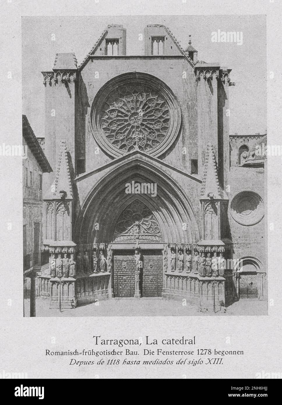 Architecture of Old Spain. Vintage photo of Tarragona Cathedral. The Cathedral of Tarragona is a Roman Catholic church in Tarragona, Catalonia, Spain. The edifice is located in a site previously occupied by a Roman temple dating to the time of Tiberius, a Visigothic cathedral, and a Moorish mosque. Stock Photo