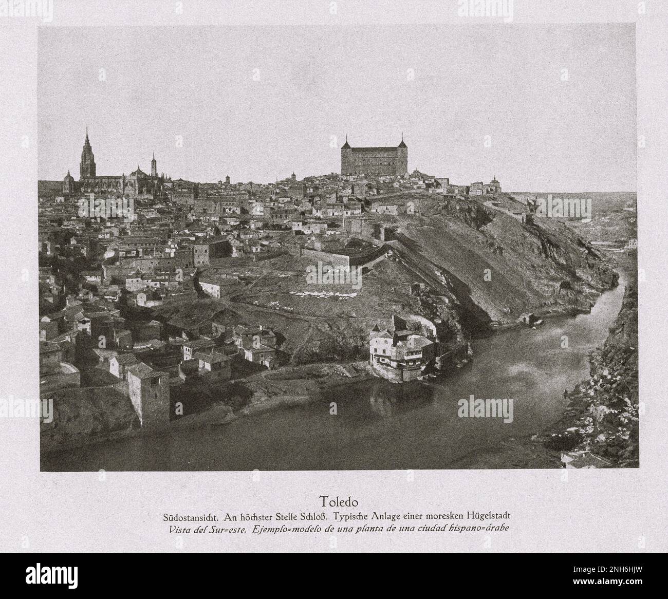 Architecture of Old Spain. Vintage photo of Toledo. Spain South-eastern view. In the highest place. Typical view of a Moresque hill town Stock Photo