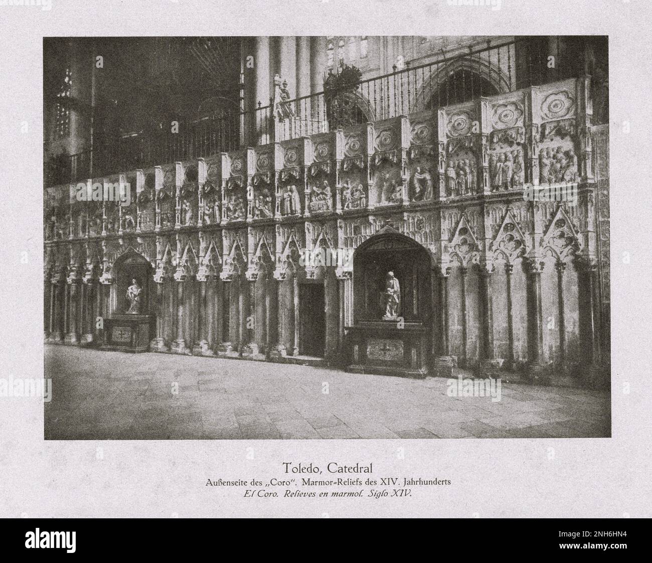 Architecture of Old Spain. Vintage photo of Toledo Cathedral (Catedral Primada Santa María de Toledo). The Primatial Cathedral of Saint Mary of Toledo (Spanish: Catedral Primada Santa María de Toledo), otherwise known as Toledo Cathedral, is a Roman Catholic church in Toledo, Spain. It is the seat of the Metropolitan Archdiocese of Toledo. Stock Photo