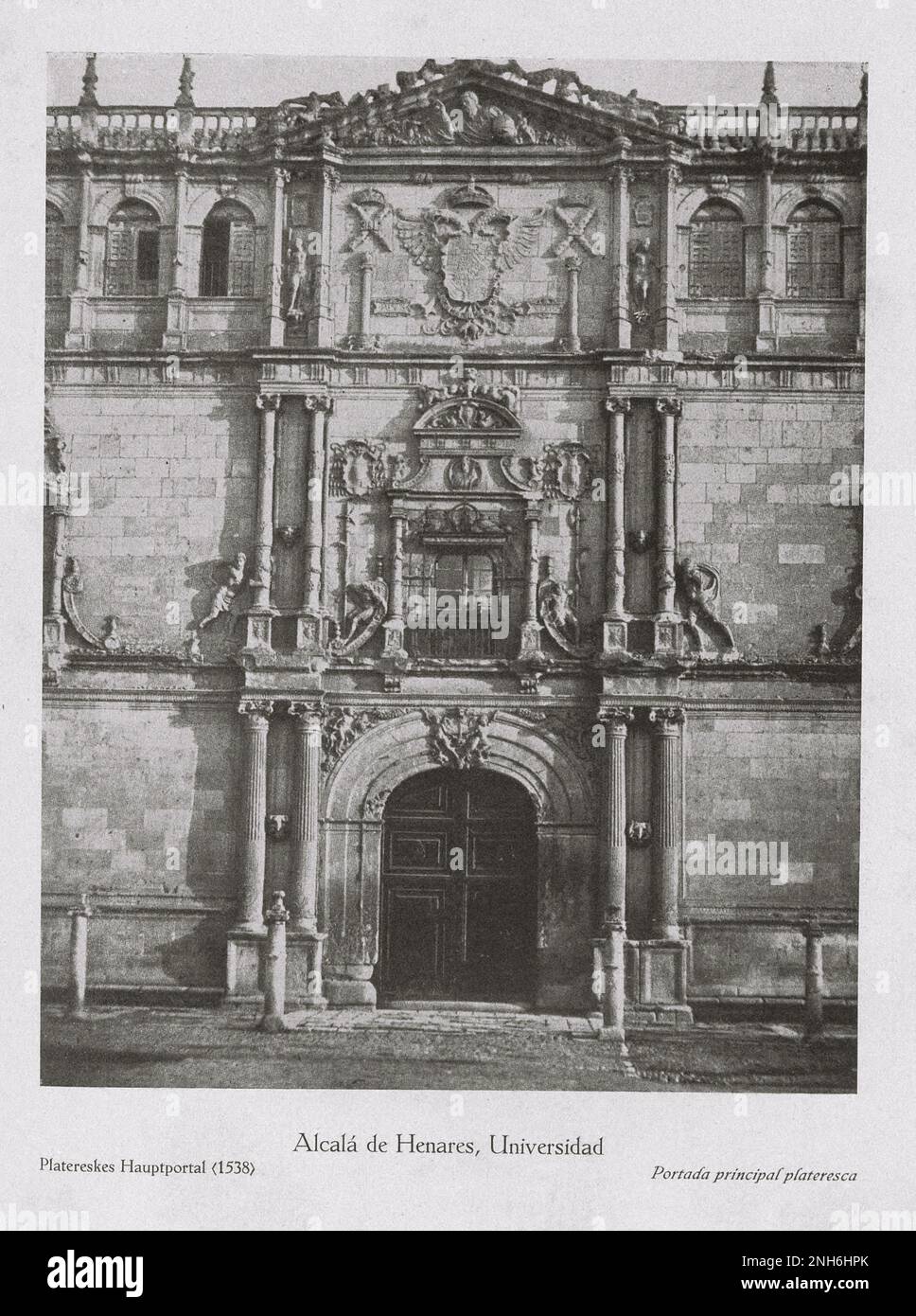 Architecture of Old Spain. University of Alcalá (Alcala de Henares Universidad). Alcalá de Henares, a city 35 km (22 miles) northeast of Madrid in Spain Plateresque main portal (1538) Stock Photo