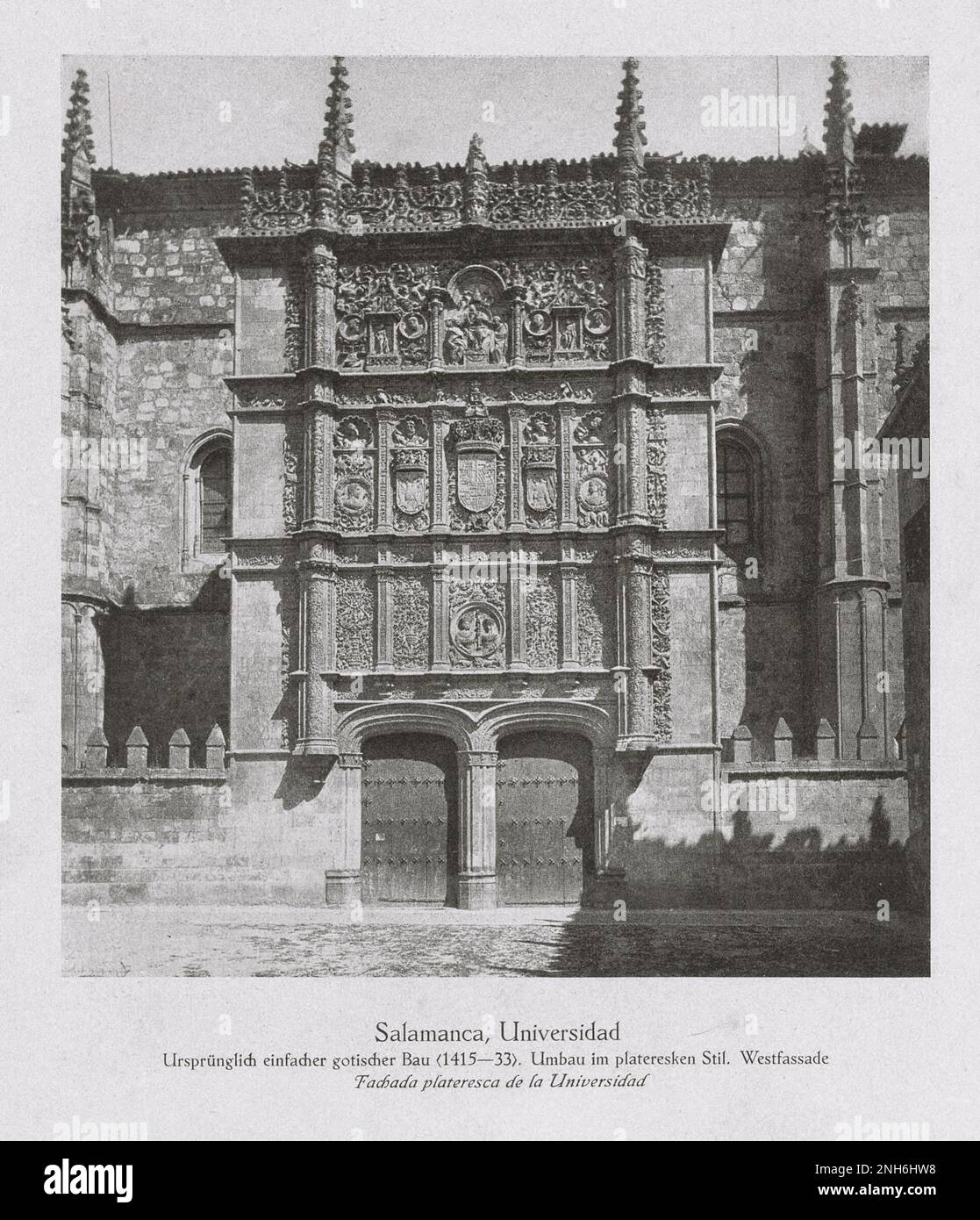Architecture of Old Spain. Vintage photo of University of Salamanca (Universidad de Salamanca). Castile and León, Spain Originally a simple Gothic building (1415-1433). Remodeling in Plateresque style. Westfassade It was founded in 1218 by King Alfonso IX. It is the oldest university in the Hispanic world and one of the oldest in the world in continuous operation. Stock Photo