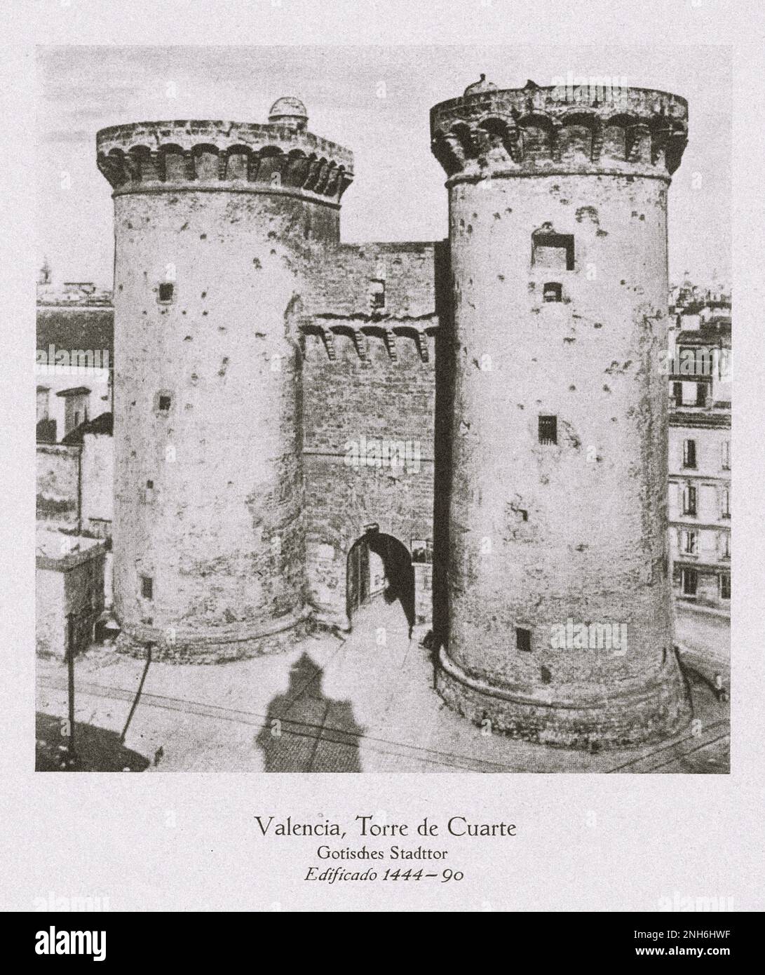 Architecture of Old Spain. Vintage photo of Torres de Quart, Valencia. Gothic city gate (1440-1490). Spain Stock Photo