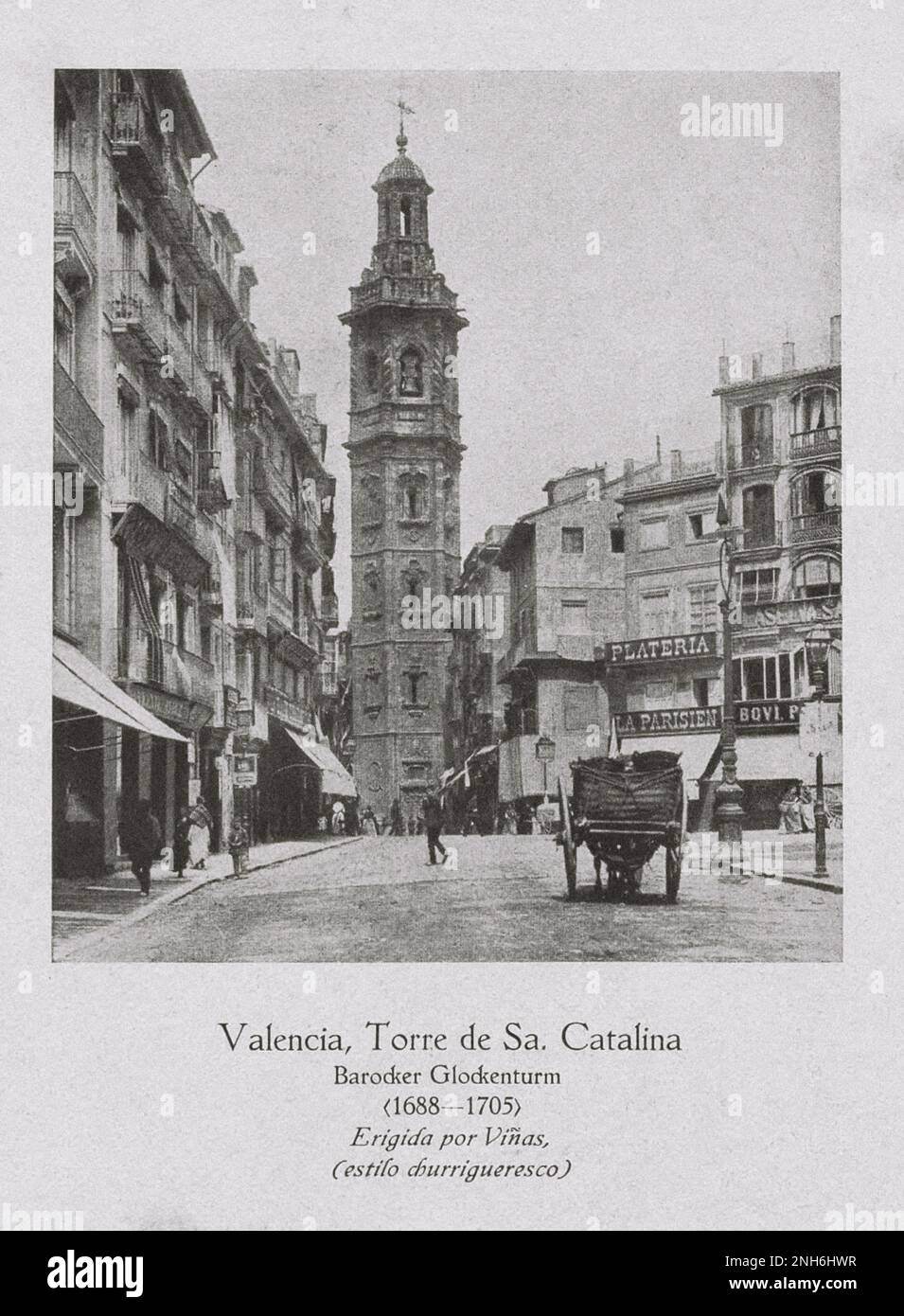 Architecture of Old Spain. Vintage photo of Santa Catalina (Torre de Sa. Catalina), Baroque belfry. Valencia.  Santa Catalina is a Gothic-style, Roman Catholic church located in the city of Valencia, Spain at the southern end of Plaza de la Reina. Stock Photo