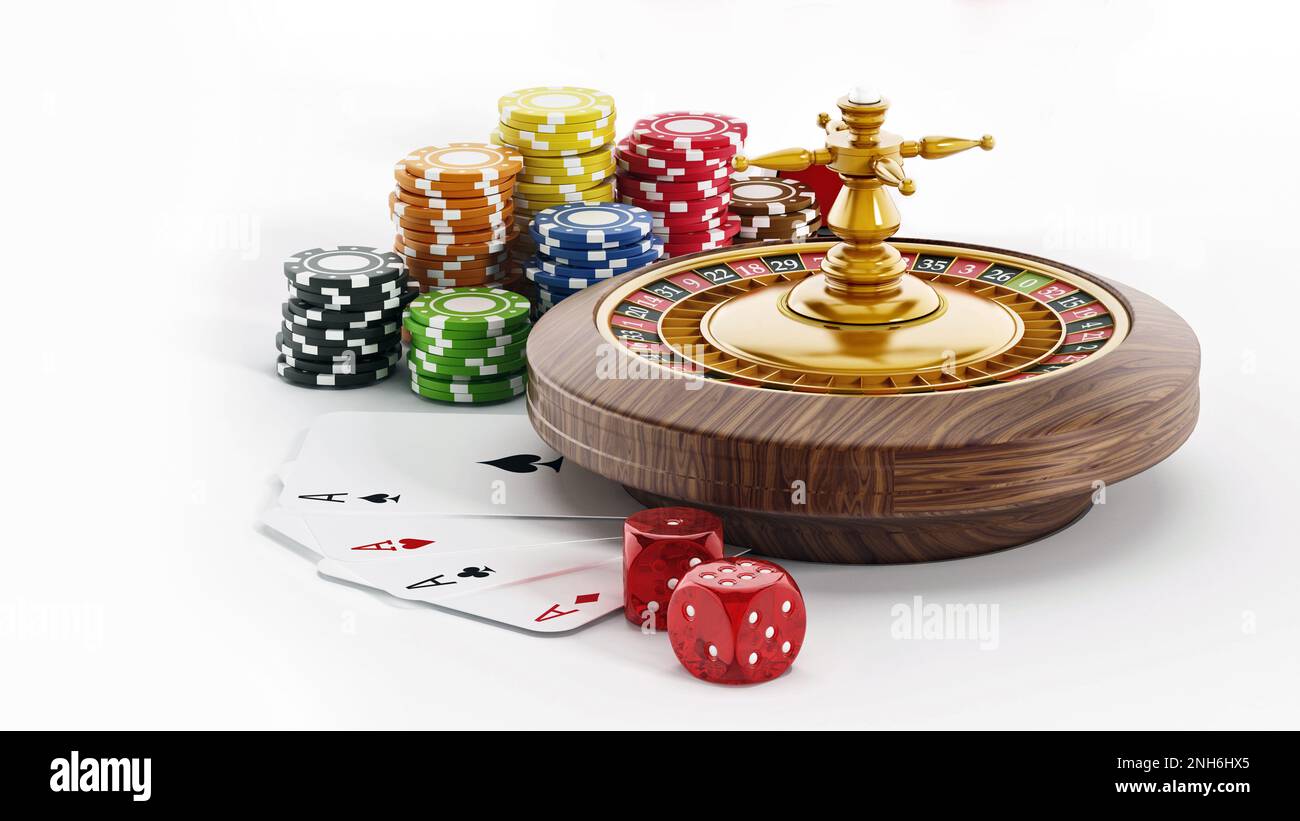 Roulette, dice, game cards and three sevens on white background. 3D