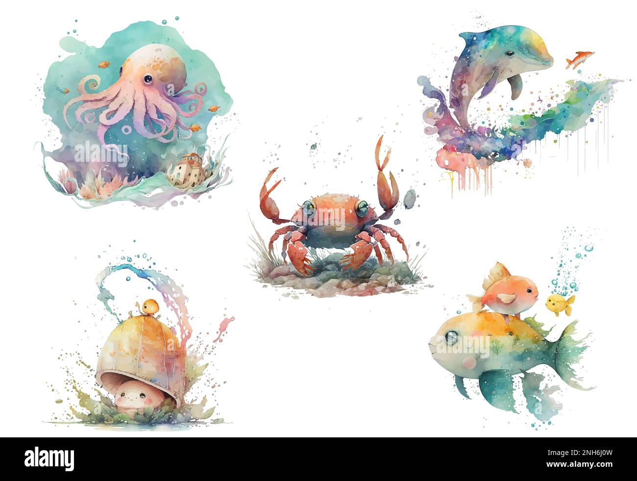Octopus, crab, dolphin, fish and shell in watercolor style. Isolated