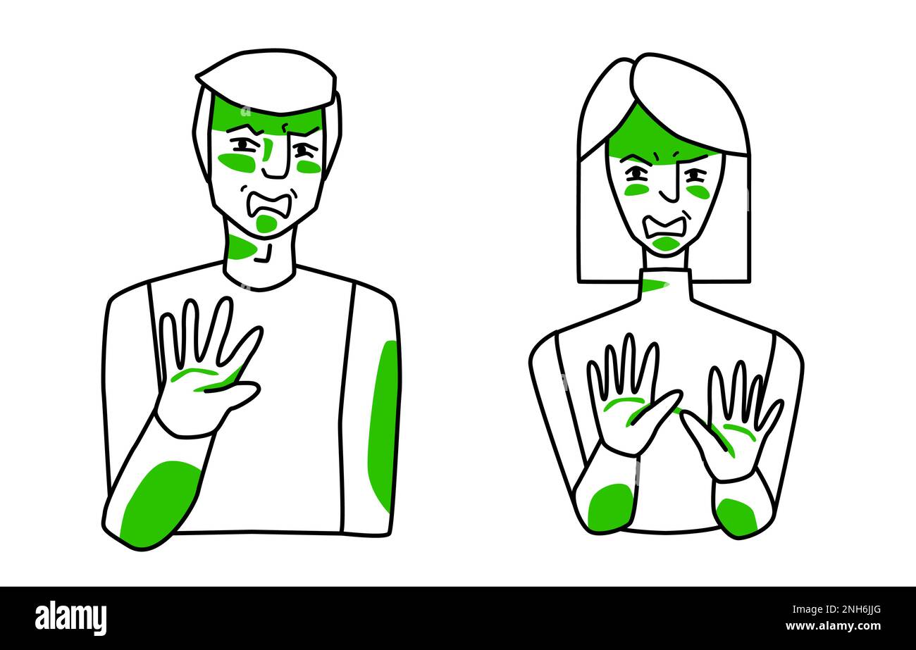Man and woman with emotion of disgust, antipathy reaction, cover themselves with hands. Sketch style line drawing with green spots. Stock Vector