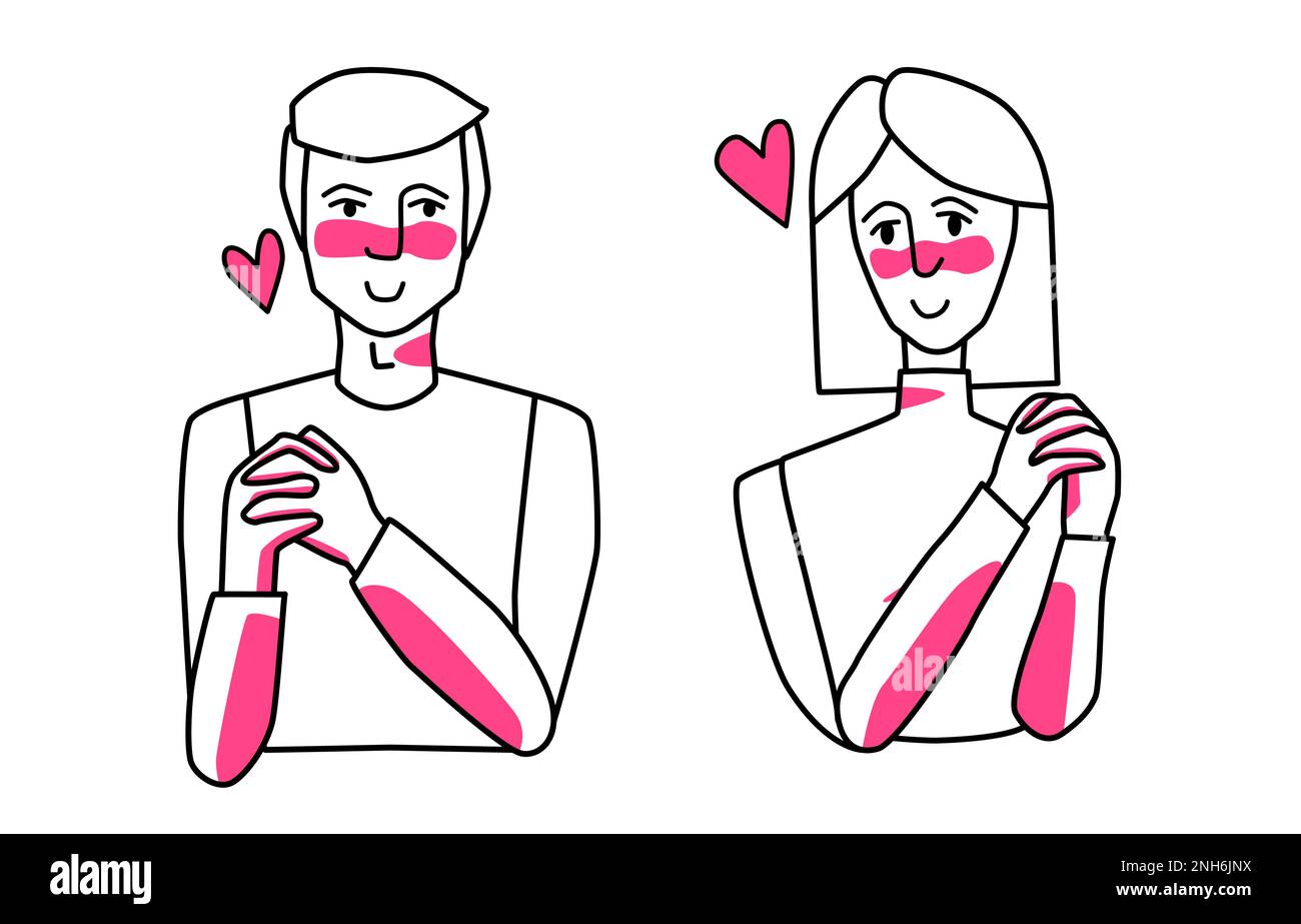 Tender man and woman in love, shy beloved husband and wife. Half body sketch style line drawing with pink spots. Stock Vector