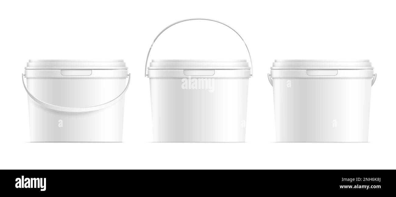 Realistic white plastic bucket containers with cover and handle