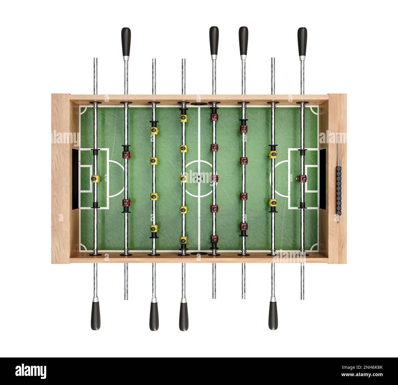A vintage wooden foosball table with detailed metal player figurines in