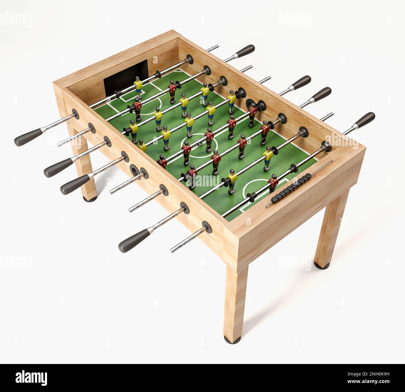A vintage wooden foosball table with detailed metal player figurines in