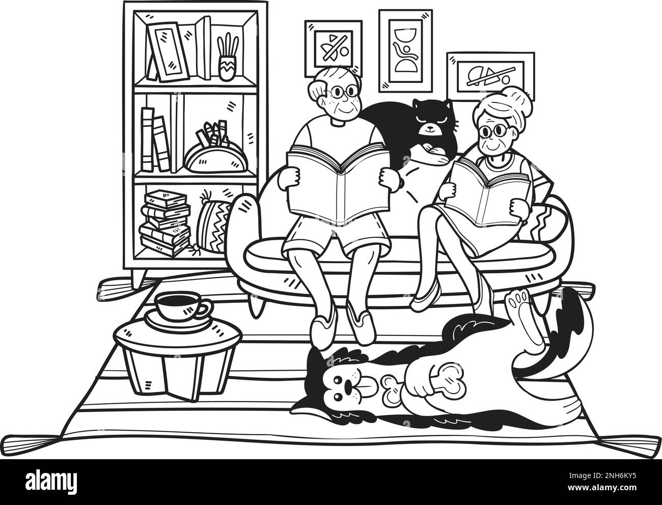 Hand Drawn Elderly reading books with dogs and cats illustration in