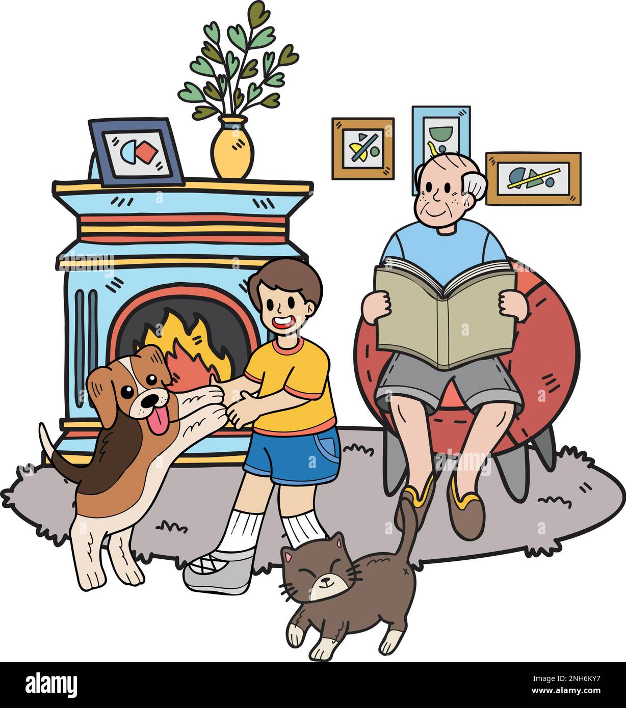 Hand Drawn Elderly reading books with dogs and cats illustration in