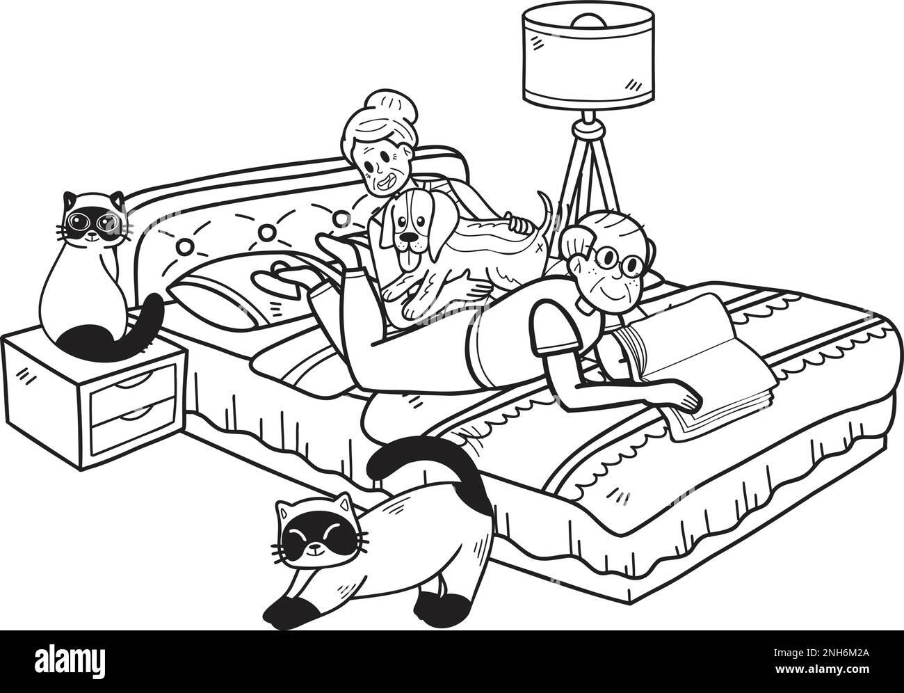 Hand Drawn Elderly reading books with dogs and cats illustration in