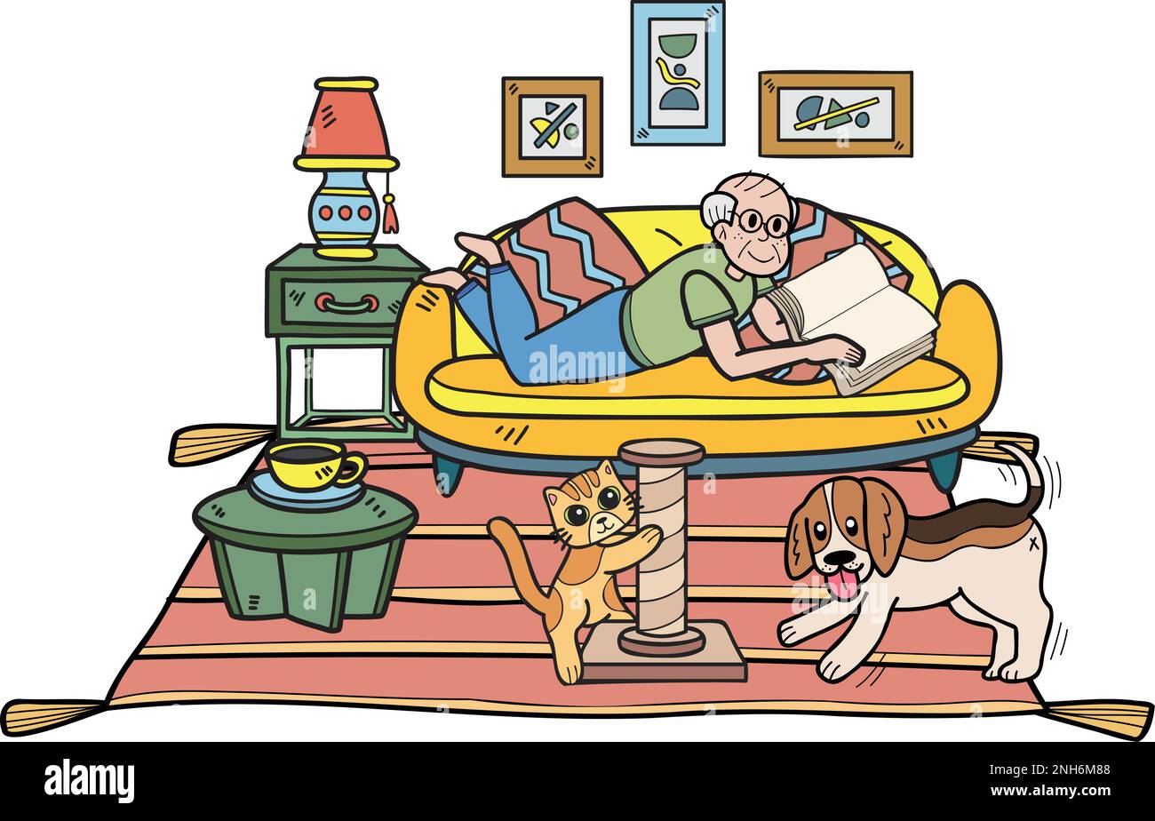 Hand Drawn Elderly reading books with dogs and cats illustration in