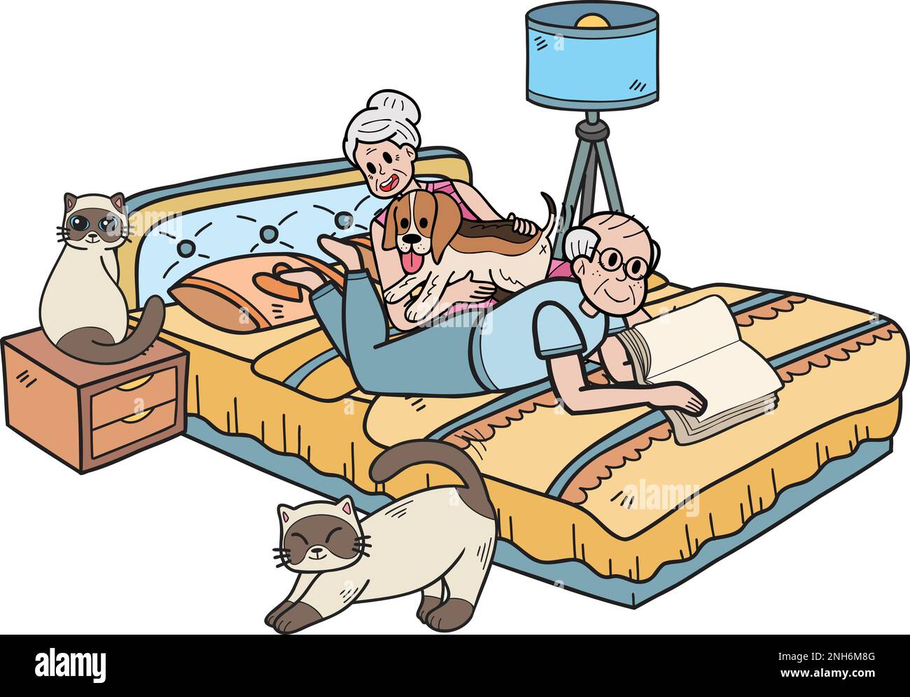 Hand Drawn Elderly reading books with dogs and cats illustration in