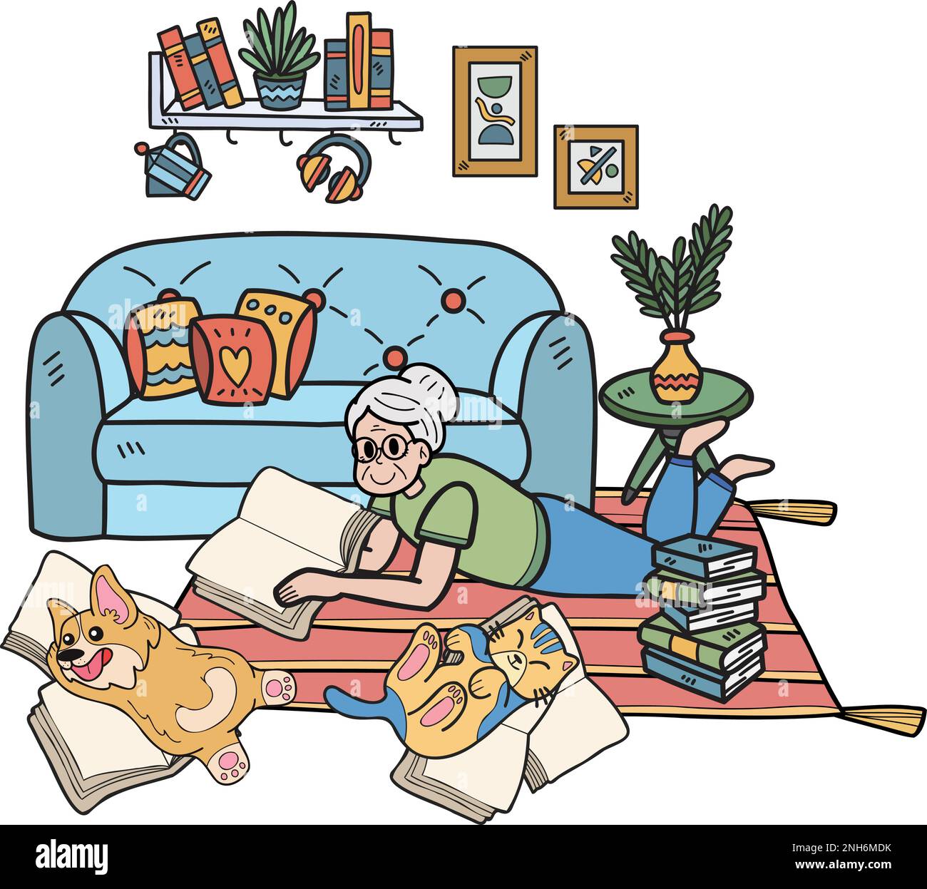 Hand Drawn Elderly reading books with dogs and cats illustration in