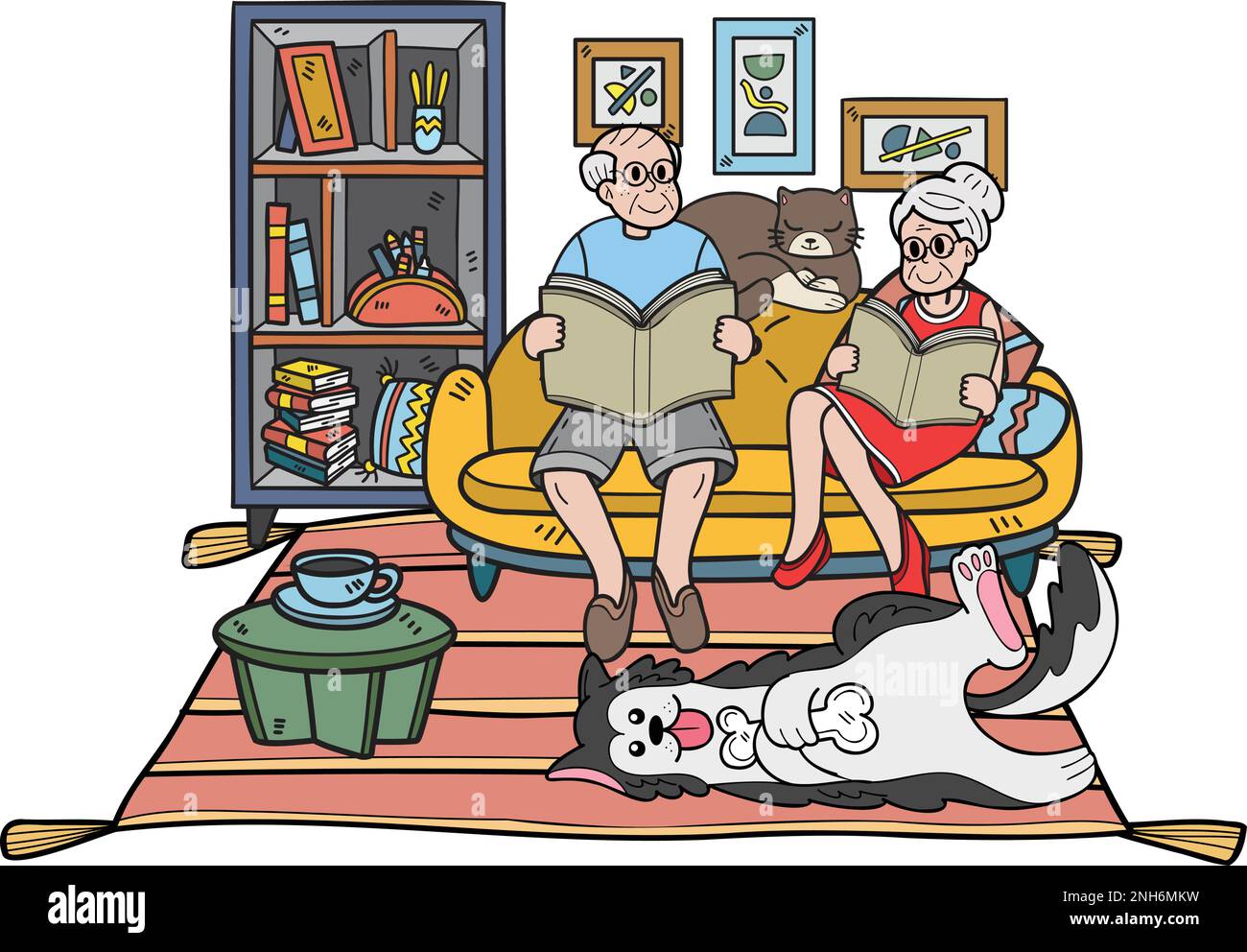 Hand Drawn Elderly reading books with dogs and cats illustration in